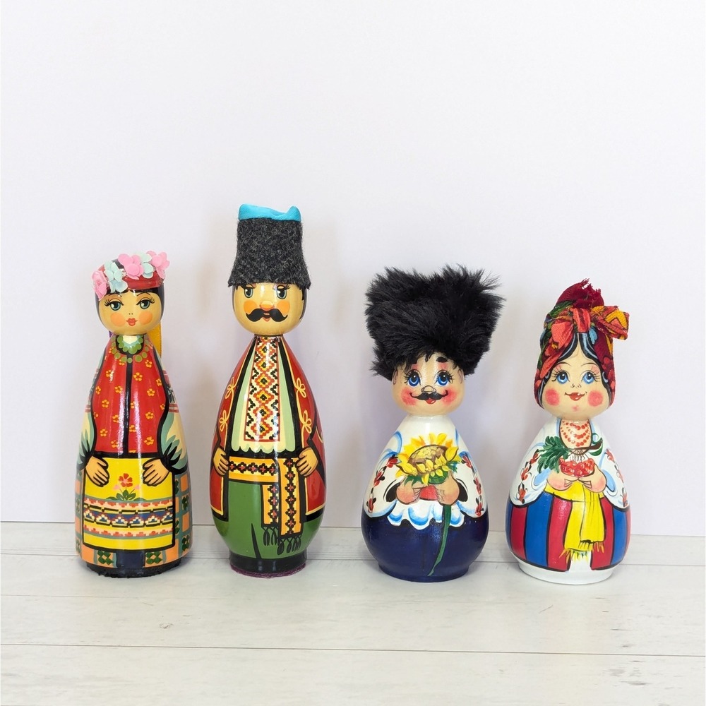 Vintage Ukrainian Russian Slavic Traditional Hand Painted Wooden Doll Figures